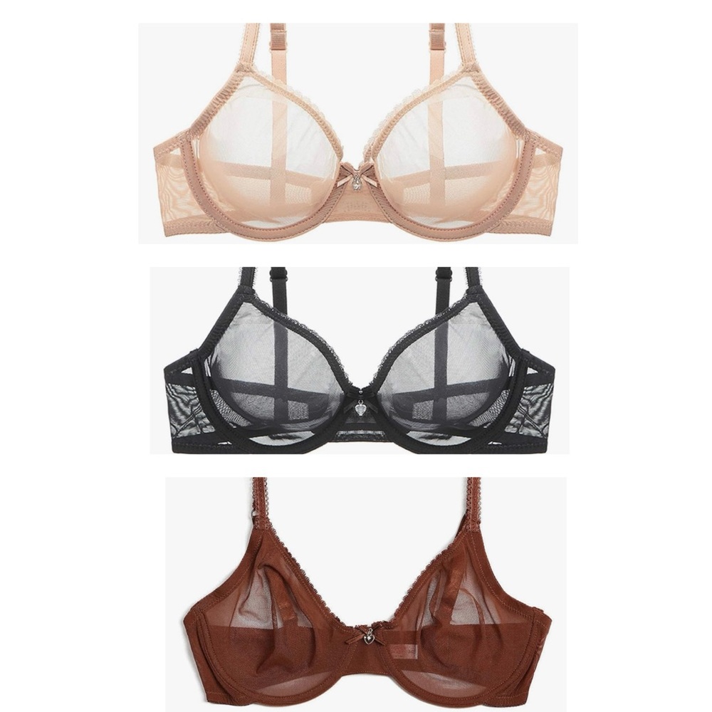Lace underwire bras, sheer mesh. Beautiful and minimalist. EUC. 36DD.